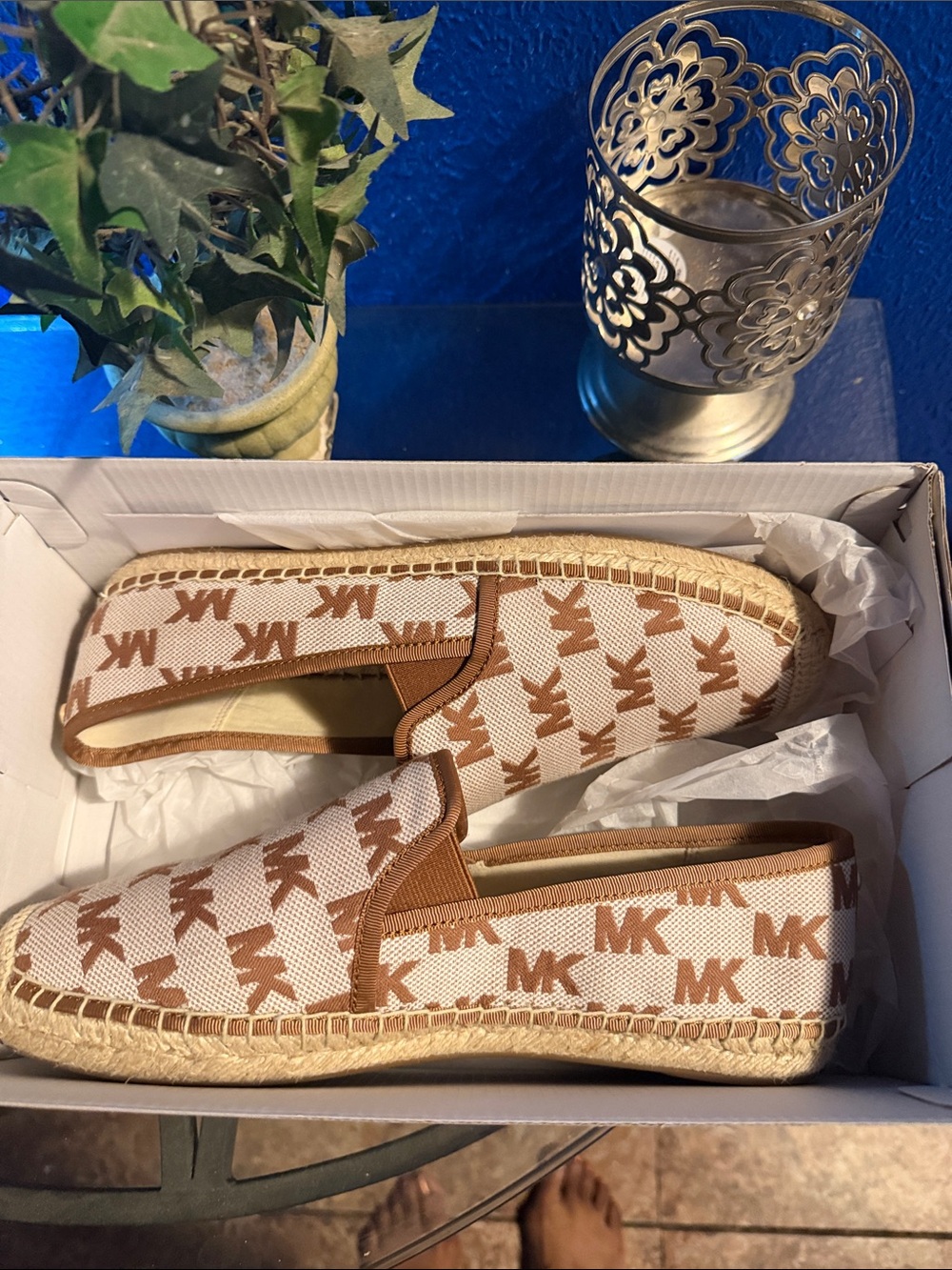 Michael Kors White and Tan MK Logo Espadrille Slip-Ons women